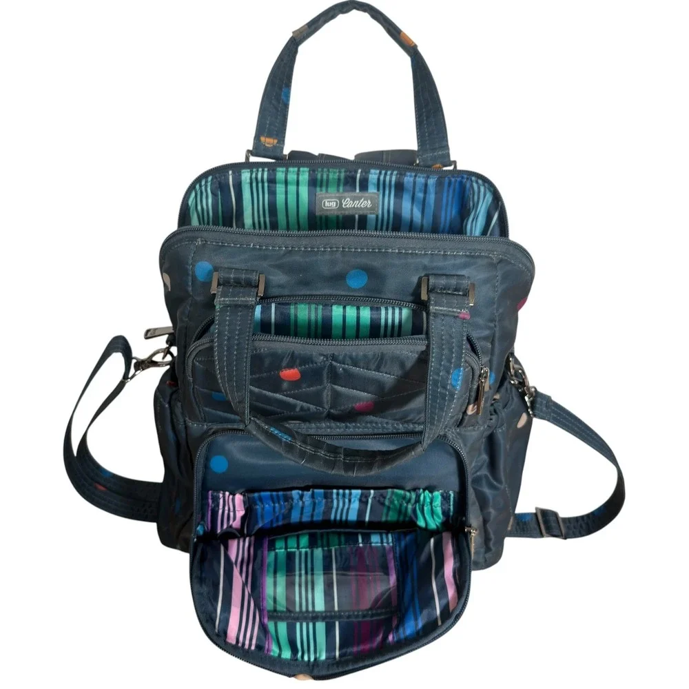 Lug Canter Backpack Tote Navy Polka Dot Convertible Travel Bag